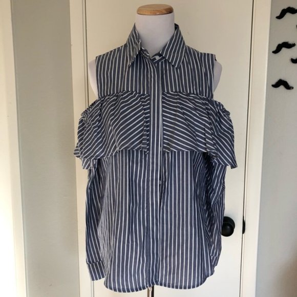 Harlowe & Graham Blue White Striped Cold Shoulder Long Sleeve Button Down Blouse - Picture 4 of 9